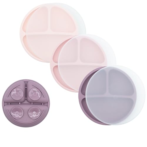 Image of WeeSprout Suction Plates with Lids for Babies & Toddlers, 100% Silicone Dinnerware Stays Put, Divided Design for Picky Eaters, Microwave & Dishwasher Friendly, 3 Pack (Matte Pink, Purple, Blush Pink)