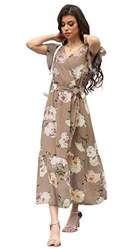 Image of VintageClothing Womens Sundress Casual Floral Summer Boho Dress | Flowy Wrap V Neck Ruffle A-Line Pleated Hem Midi Dresses