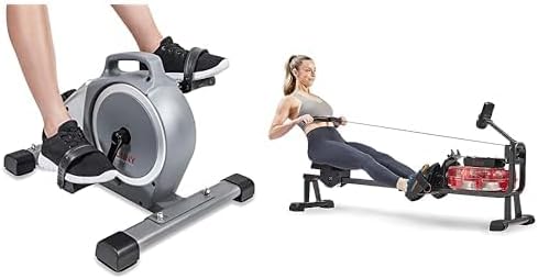 Sunny Health & Fitness Under Desk Mini Exercise Cycle Bike + Sunny Health & Fitness Hydro Compact Water Rowing Machine with 6-Level Water Resistance