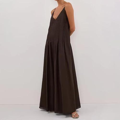 Women Summer Dresses Pleated Maxi Dresss Sleeveless Spaghetti Strap V Neck Beach Vacation Long Flowy Sundress2