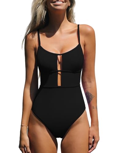 CUPSHE Damen Badeanzug U Ausschnitt Riemchen Zierausschnit Tiefer Rückenausschnitt Figurformend Einteilige Bademode Swimsuit Schwarz L