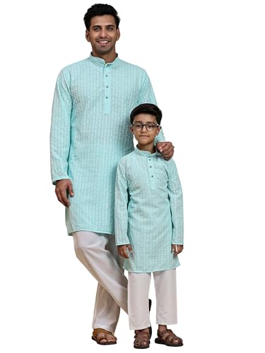 Image of Pro-Ethic Style Developer Men Silk Striped Father Son Matching Ethnic Wear Embroidery Mirror Work Kurta Pyjama Set |(Combo)B-117