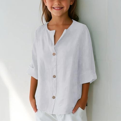 Cotton Linen Shirts for Girls Plain Buttons Beach Casual T Shirts Tops Summer V Neck 3/4 Sleeve Open Front Tops4