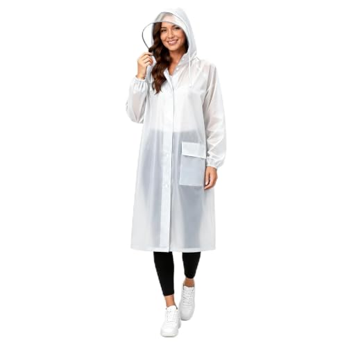 RINJOY Women's EVA Raincoat, Waterproof Hooded Long Rain Poncho, White, 2XL