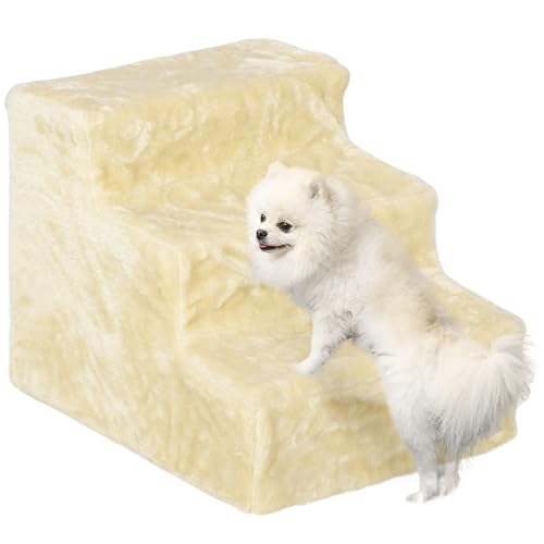 PawHut Dog Steps for Sofa, 3 Steps Dog Stairs, Pet Stairs, with Washable Plush Cover, for Small Breeds, Cats - Beige