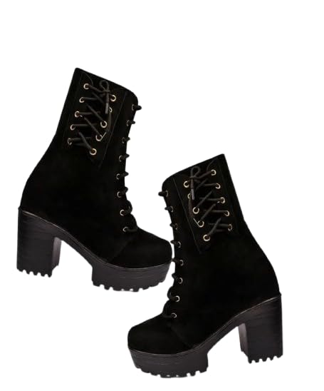 Black Suede Ankle Boots, Block Heel, Lace-Up Platform Boots for Women, Winter Fashion-image-40