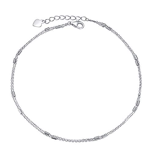 S925 Sterling Silver Dainty Layered Bar Anklet for Women Teen Girls Adjustable Beach Foot Simple Ankle Bracelet Anklets, 10 11 Inches (10+1)