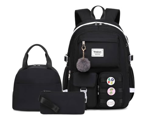Women Casual Backpack Set Girl School Bookbag Set Cute Laptop Ruaksack Black