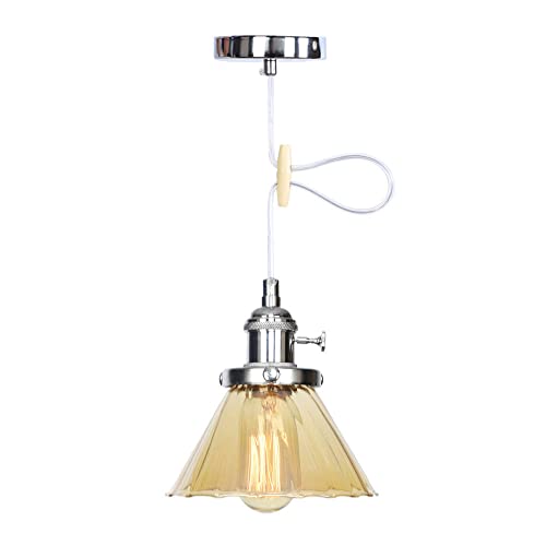 Lámpara colgante cromada E27 con pantalla de cristal ámbar para comedor