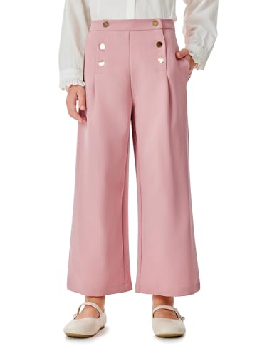 Image of Haloumoning Girls Wide Leg Pants Kids Fashion Elastic Waist Front Button Trousers with Pockets 5-14 Years