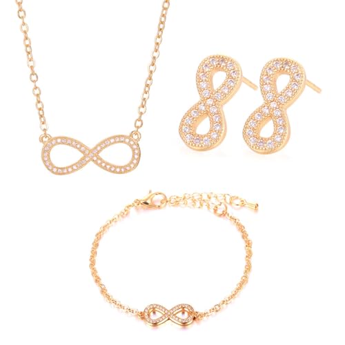 Auriselle Conjuntos de jóias de strass para mulher, conjunto de 3 peças, colar pendente símbolo do infinito, pulseira e brincos de strass brilhante, colares comprimento ajustável para meninas