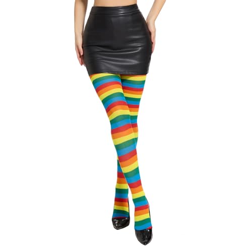 Zando Rainbow Striped Tights Women Halloween Leggings for Women Stretchy Opaque Footed Pantyhose for Halloween Costume Party Rainbow Stripe