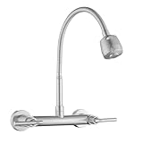 Wall Mount Faucet with Sprayer 8 Inch Center, Kitchen Sink Faucet with Dual Handle, Stainless Steel Constructed Sink Mixer Tap, Laundry Utility Faucets, Lead-Free