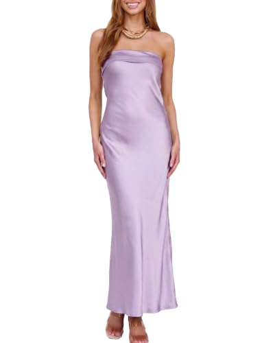 Image of Realtix Summer Satin Strapless Backless Maxi Dress for Women Wedding Guest