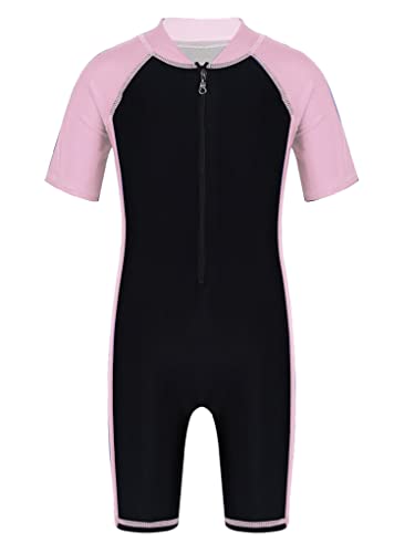 TTAO Kids Boys Girls One Piece Short Sleeves Zippered Rash Guard Shorty Wetsuit Swimsuit Bathing Suit Pink&Black 14 Years