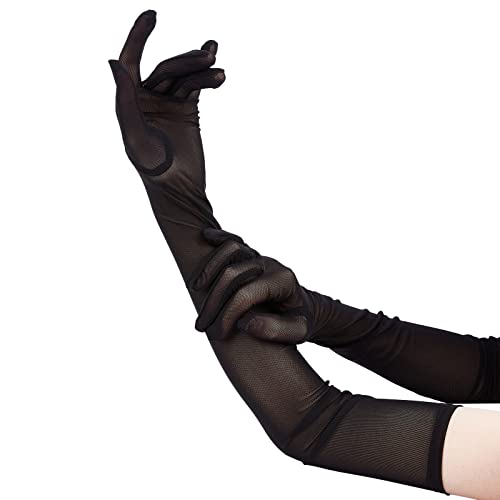 NICENEEDED Women's Sheer Mesh Tulle Long Gloves - Black, Strechy Lace Evening Finger Gloves for Wedding, Evening, Halloween Party