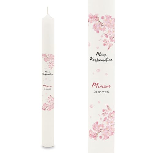 GRAVURZEILE Bedruckte Stabkerze - Kirschblüten - Personalisiert mit Name & Datum - Geschenk zur Taufe Kommunion oder Konfirmation - Für Jungen & Mädchen - Altarkerze 400/40 mm - Weiß