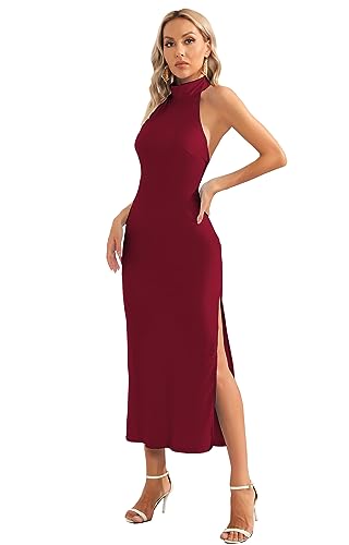 Amazon.com: CMZ2005 Women's Halter Turtle Side Slit Gown Backless Maxi Dress  Elegant Bodycon Formal Dress 187(Wine,L): Clothing, Shoes & Jewelry