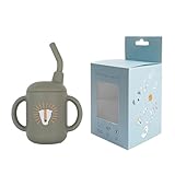 Silicone Sippy Cup with Straw, Double Handle Design, BPA Free, 8 oz, Grey with Lion Design