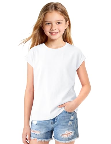 KEREDA Girls Short Sleeve Shirts Summer T-Shirts Tees Tops Cap Sleeve Girls Casual Clothes White 5-6 Years