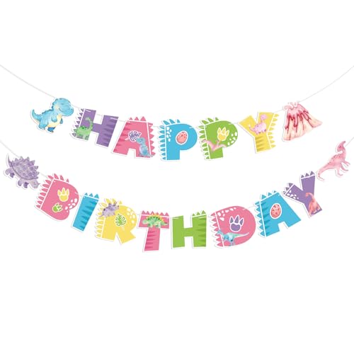 Image of Hooqict Happy Birthday Banner Pink Dinosaur Birthday Decorations Dinosaur Party Banner Garland Sign for Kids Girls 1st 2nd 3rd Dino Themed Birthday Party Decorations Supplies