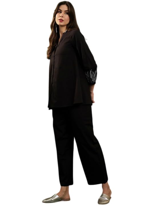 Women's Rayon Embroidery Straight Kurti Pant Set (Black-L)