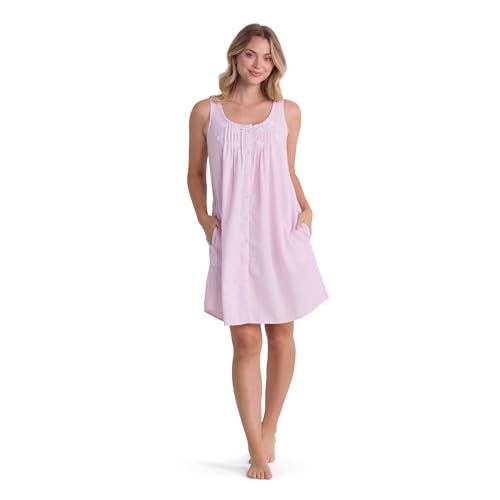 Miss Elaine Nightgown - Women's Seersucker Short Gown, Sleeveless & Button Front, Sleepwear