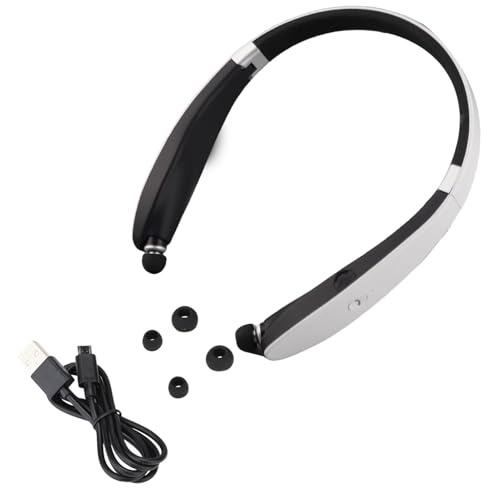 SustVita Auriculares retráctiles plegables cómodo diseño de diadema para el cuello, estos auriculares deportivos resistentes al sudor ofrecen tiempo de juego prolongado para (blanco y negro)