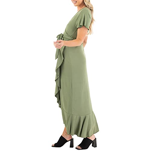 Mother Bee Maternity Butterfly Sleeve Hi-Low Ruffle Dress With Adjustable Belt #TOP2