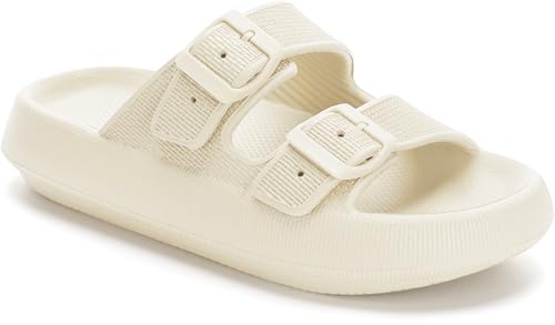 Image of WHITIN Slides for Women Men Cushion Thick Sole Pillow Slippers EVA Foam Soft Rubber Bathroom Sandals Double Buckle House Beige