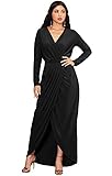 KOH KOH Plus Size Womens Long Sleeve Full Length V-Neck Sexy Wrap Empire Waist Formal Winter Fall Cocktail Wedding Evening Gown Gowns Maxi Dress Dresses, Black XL 14-16