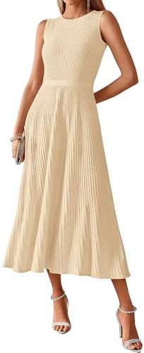 BTFBM Women Midi Bodycon Tank Dress Summer Crewneck Sleeveless Pleated A Line Business Casual Knit Sweater Fall Dresses