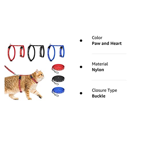 Cat Harness With Leash, 3-Pack, Paw And Heart Stars And Moon Design, Escape Proof, Walking, Small Medium Large, Black, Red, Blue, Adjustable, Safe, Set Of 3 #TOP7