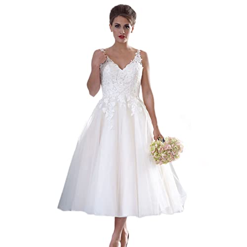 VUBYSG Women's Lace Wedding Dresses Short Wedding Dress Appliques Registry Office Bridal Fashion Wedding Dresses,White 15-38,White 15-38