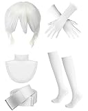Chicingyou 5 Pcs Halloween Costume Accessory Silver White Wig Gloves Compression Socks Belt Dickey Detachable Turtleneck Collar for Men Adults Halloween Cosplay Party