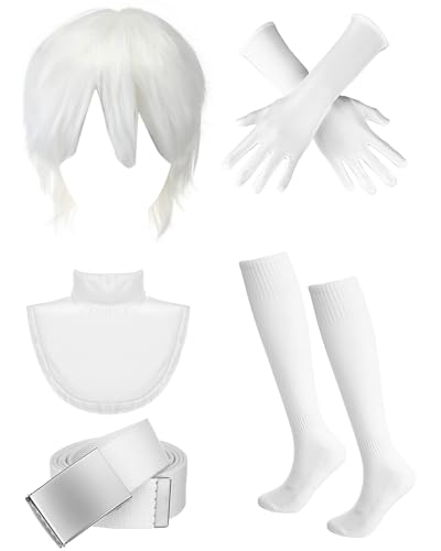 Chicingyou 5 Pcs Halloween Costume Accessory Silver White Wig Gloves Compression Socks Belt Dickey Detachable Turtleneck Collar for Men Adults Halloween Cosplay Party