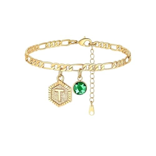 Custom4U Personalized Initial Ankle Bracelets for Women 14K Gold Plated Dainty CZ Birthstone Heart/Hexagon Letter Initial Anklets for Women Adjustable Silver/Gold Foot Chain Summer Beach Jew