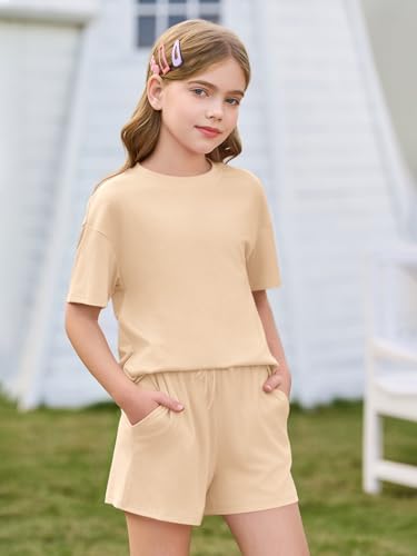 Image of Haloumoning Girls Summer 2 Piece Outfits Kids Oversized T Shirts and Shorts Clothing Sets 5-14 Years