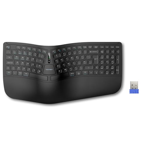 TECKNET Wireless Ergonomic Keyboard 2.4G USB & Bluetooth Rechargeable Keyboard Wrist Rest Natural Typing Stain-Resistant Fabric Ergonomic Split Keyboard Compatible for Windows Computer Laptop
