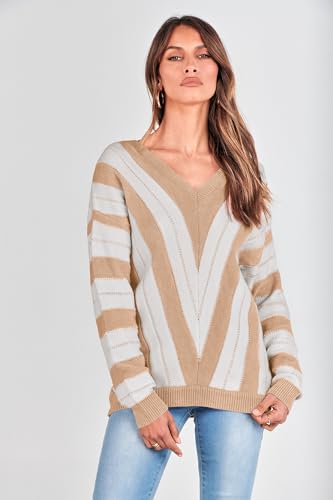 PRETTYGARDEN Sweaters for Women 2025 Long Sleeve Striped Knitted V Neck Pullover Jumper Tops Fall Outfits Fashion Clothing