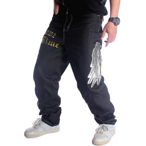 Ruiatoo Mens Jeans Fashion Skateboard Pants Snake Embroidery Baggy Jeans Hip Hop Denim Black Trousers