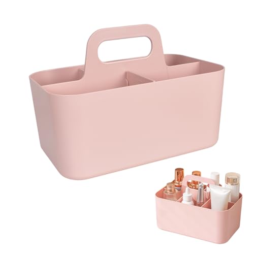 Korb Organizer mit Griff, mit 10 Aufklebern, Mehrzweck-Kunststoffkorb mit 5 Fach, Organizer Box mit Griffen 24x15x11 cm, Aufbewahrungsbox für Bad, Büro, Bastel- oder Schulbedarf (Rosa)
