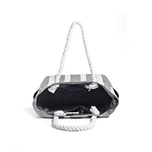 Bolso de playa grande gris con cremallera y rayas 7