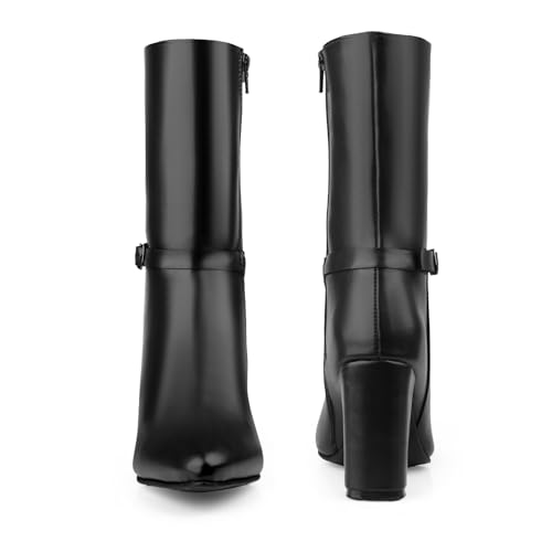 Image of Women's 3.5 Inch Block Heel Height, Classic Leather-Stylish Mid Calf (Half Boot) Buckle Boots