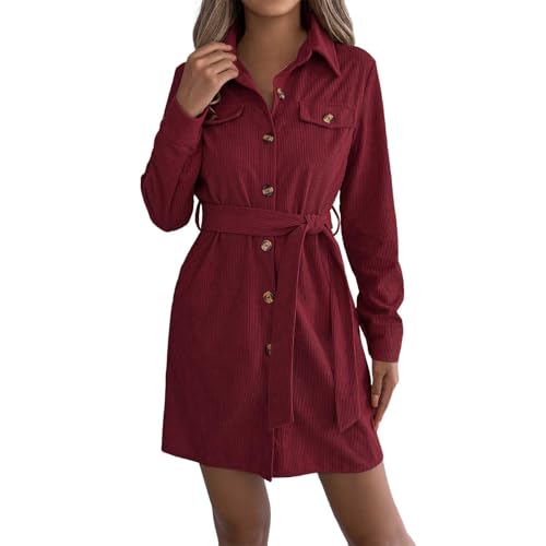 Vhersily 2025 Damen Cord Samt Hemdkleid Langarm Mit Gürtel Mini Tunika Herbst Lässig Einfarbig Für Herbst Und Winter, Bequem Und Vielseitig Für...