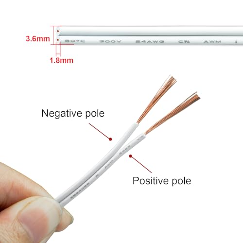 Image of 100FT 24AWG 2 Conductor Low Voltage LED Extension Cable Wire, 2 Core Parallel Wire for LED Strip Lights, Outdoor Use, Waterproof, UL2468 Certified, White