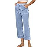 7/8 Jeans Damen High Waist Baggy Jeanshose Wide Leg Damenjeans Sommer Stoffhose Denim Hose Weites Bein Sommerhose Leicht Damenhosen Stretch Freizeithose Sommerjeans Streetwear Hellblau L