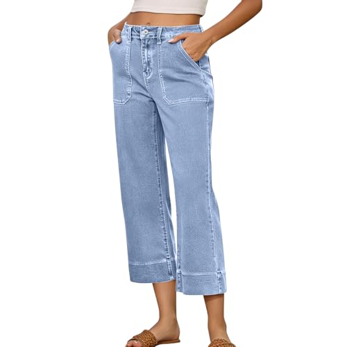 7/8 Jeans Damen High Waist Baggy Jeanshose Wide Leg Damenjeans Sommer Stoffhose Denim Hose Weites Bein Sommerhose Leicht Damenhosen Stretch Freizeithose Sommerjeans Streetwear Hellblau XXL