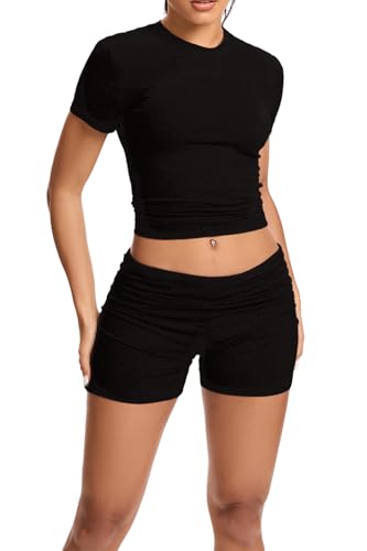 qfmqkpi Workout Outfits for Women 2 Piece Set Short Sleeve Tops Slim Foldover Shorts Summer Gym sets Tracksuit Black S