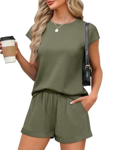 Image of WIHOLL 2 Piece Sets for Women Casual Summer Travel Vacation Outfits Cap Sleeve Shorts Lounge Set